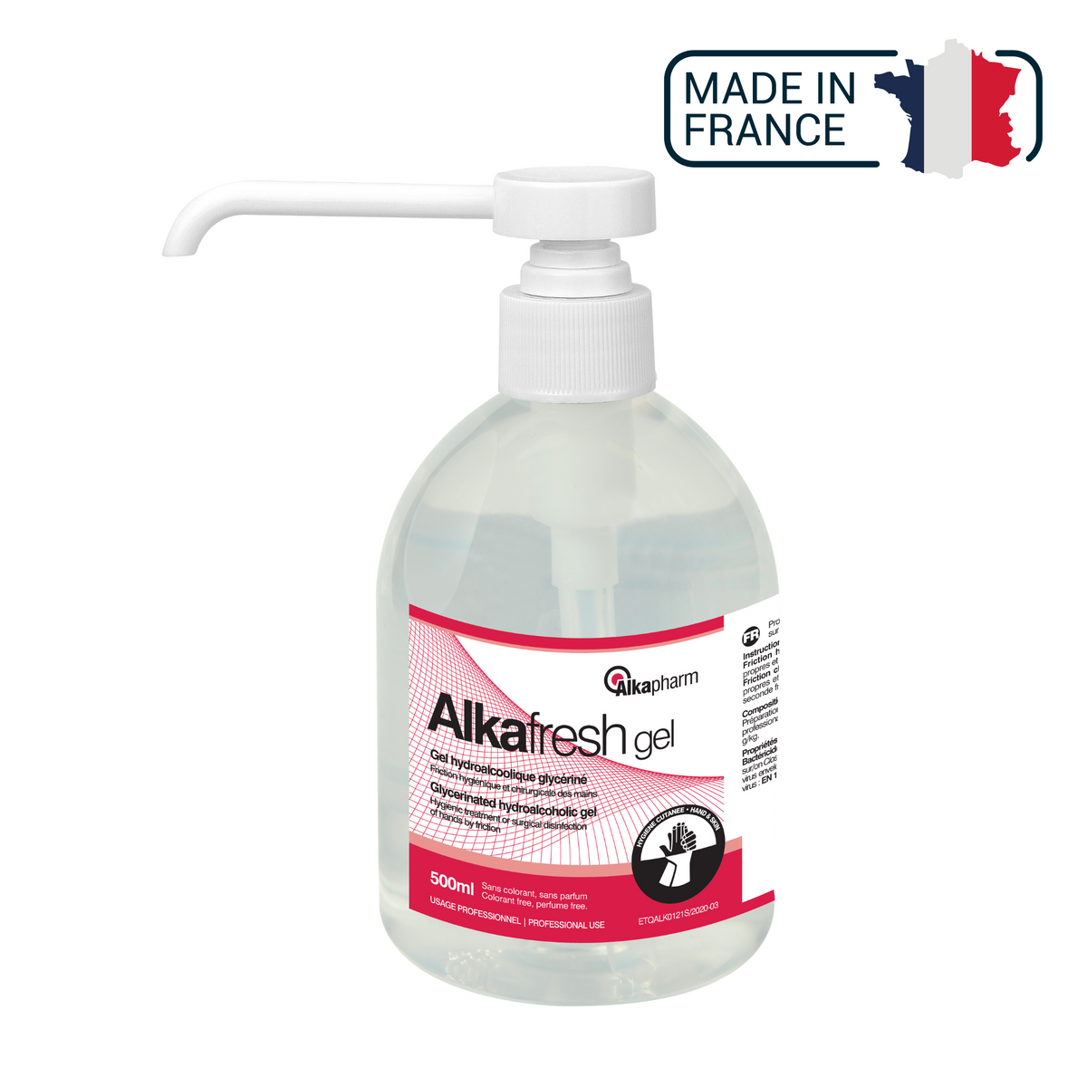 Alkafresh - Gel hydroalcoolique glycériné pour la désinfection des mains - Flacon pompe - 500 mL - Alkapharm